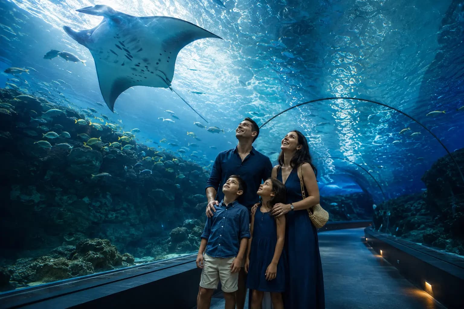 Family observing marine life inside a conceptual aquarium tunnel.