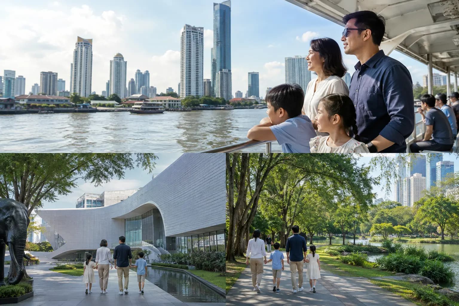 A family exploring Bangkok's riverside skyline, a modern museum building and a city park.
