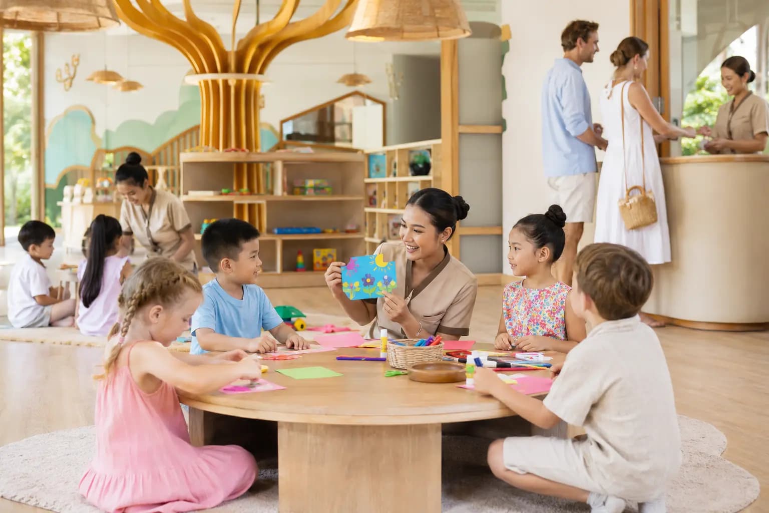 Children participating in supervised creative play in a conceptual childcare setting.