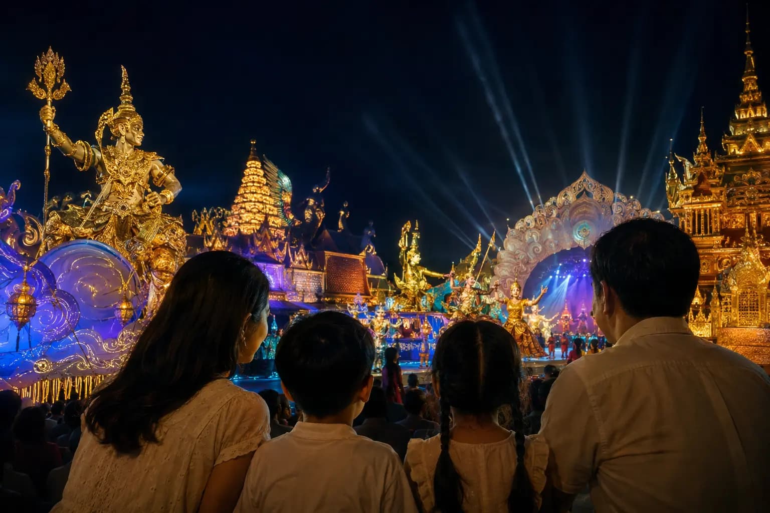 A family watching an illuminated evening cultural stage performance in Thailand.