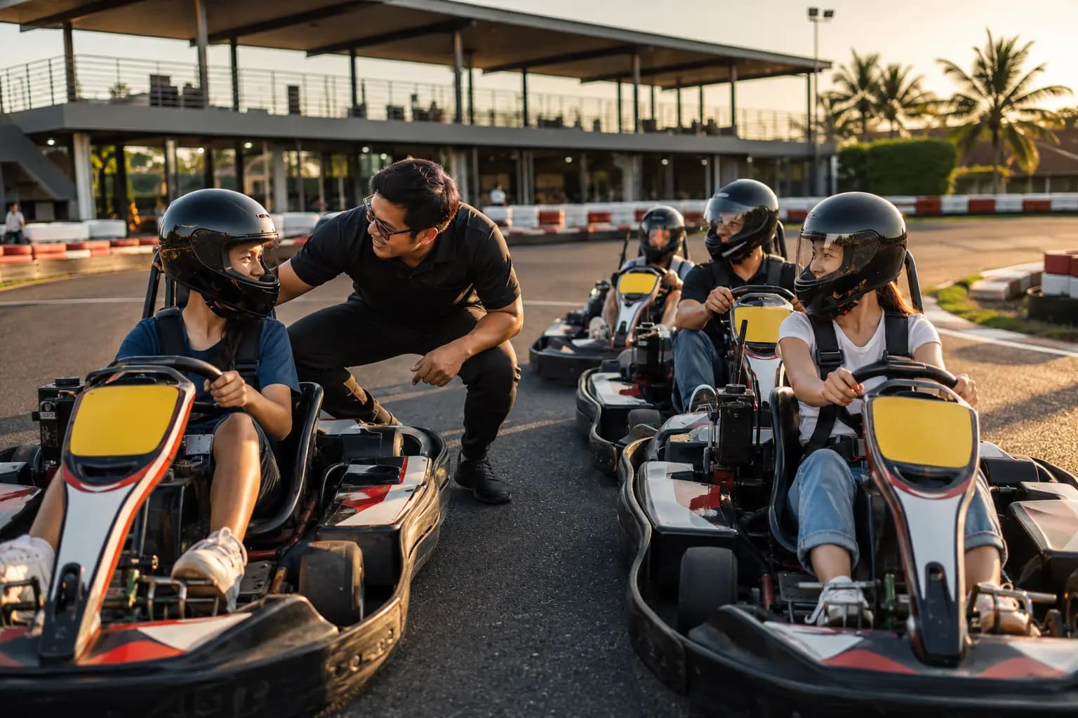 Children and adults wearing helmets in go-karts on an outdoor racing track in Thailand.