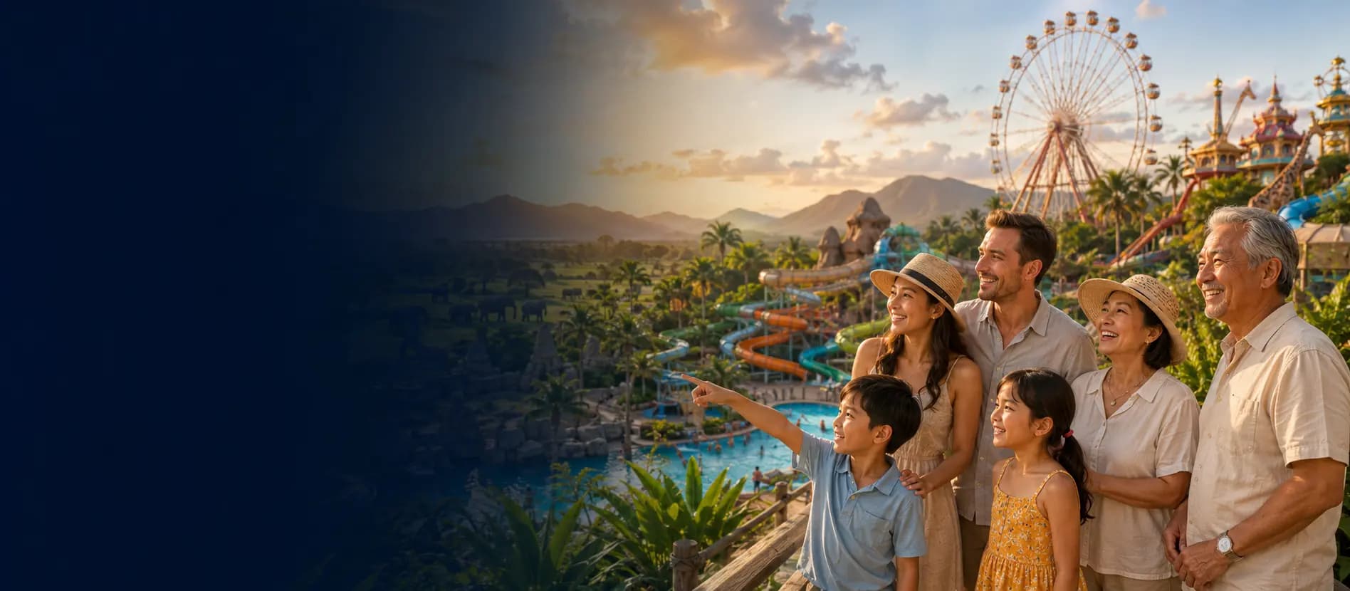 A multi-generational family looking out over a Thailand destination combining a water park, safari wildlife and amusement-park attractions including a Ferris wheel.