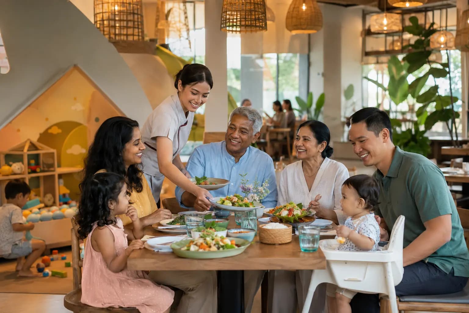 Multigenerational family dining in a conceptual child-friendly restaurant.