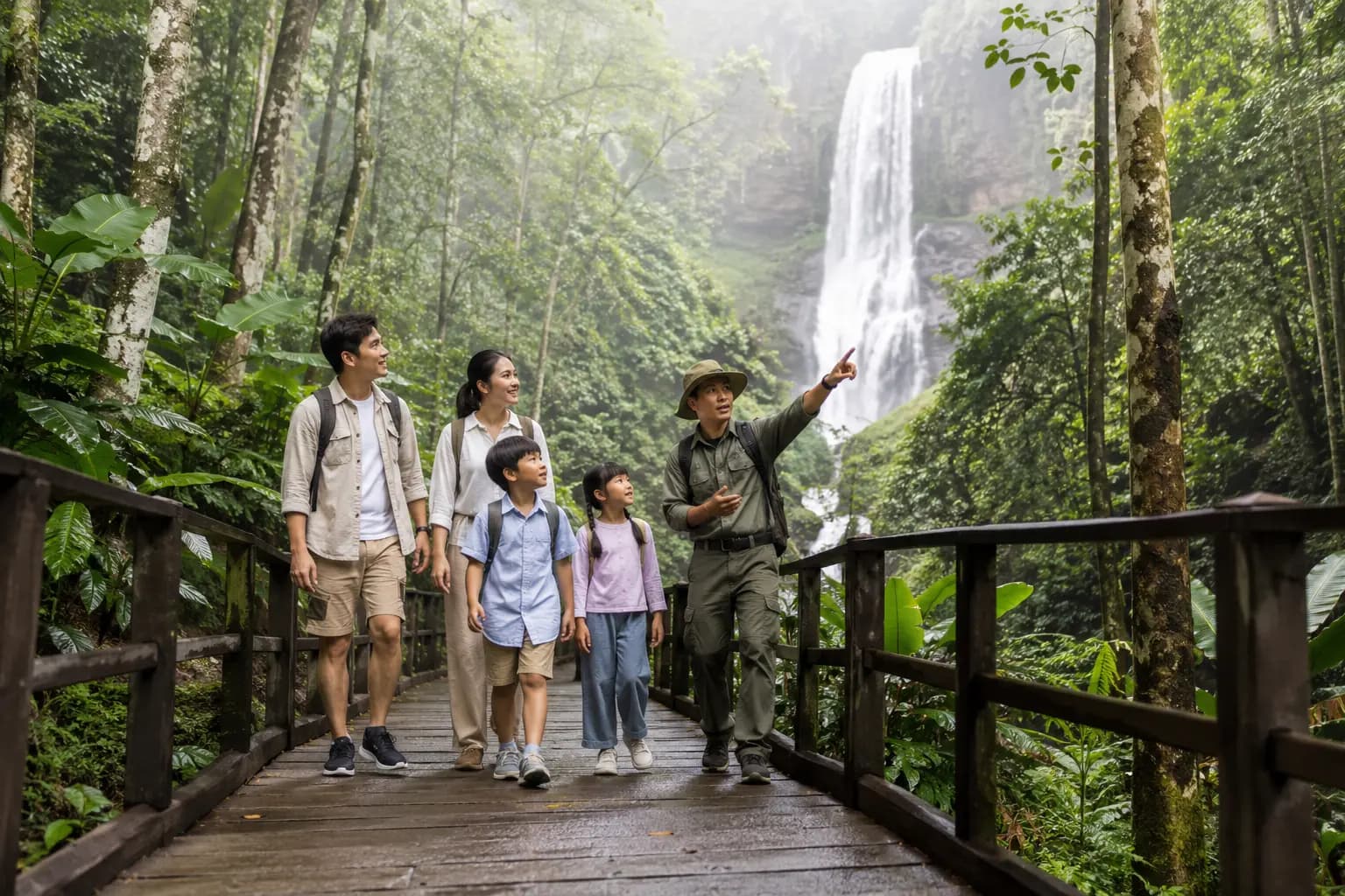 A family and a park guide walking a boardwalk trail toward a waterfall in a Thailand national park.