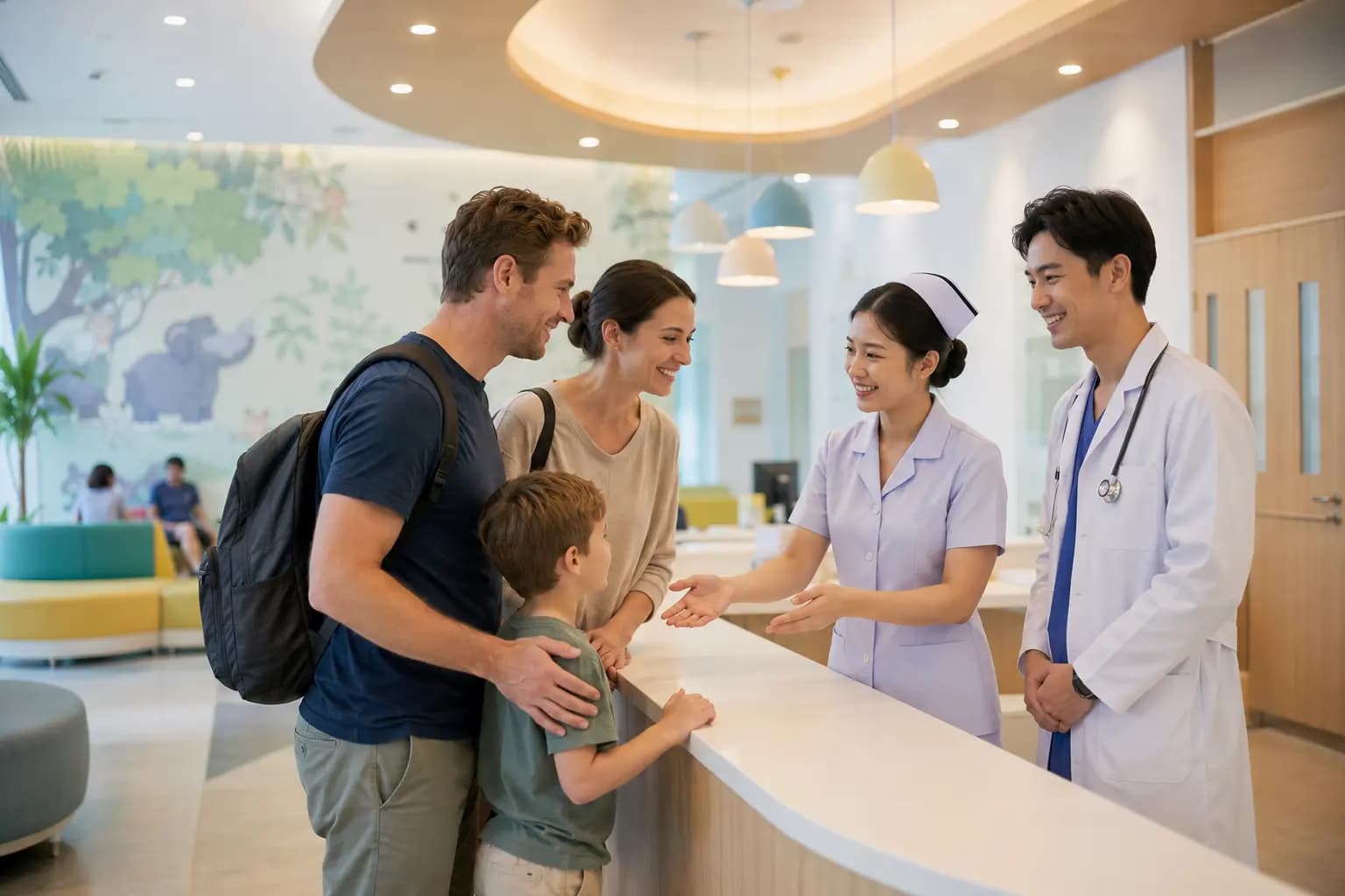Touring family speaking with medical staff at a conceptual children's hospital reception.