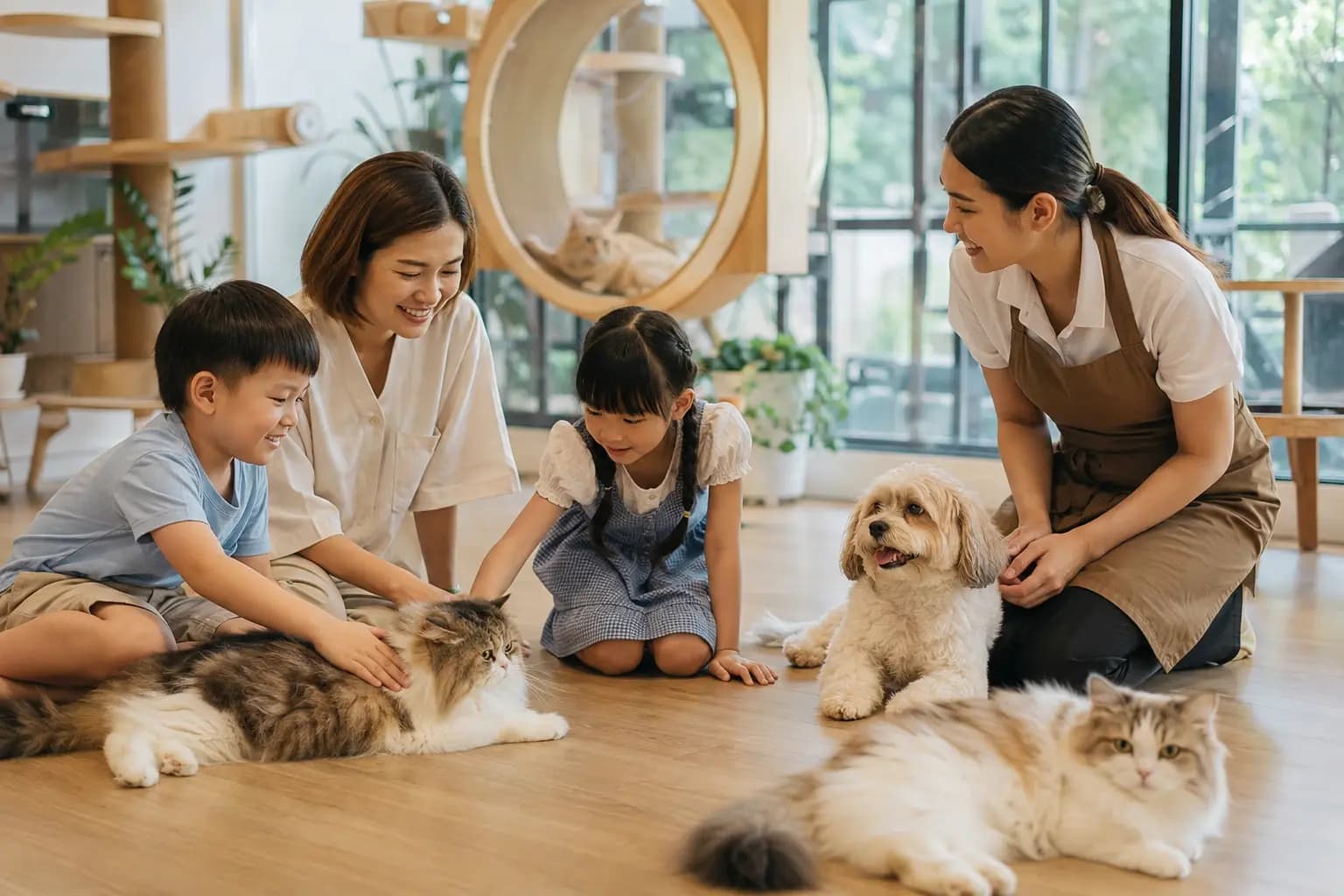 Children and a staff member interacting gently with cats and a dog inside a pet café in Thailand.