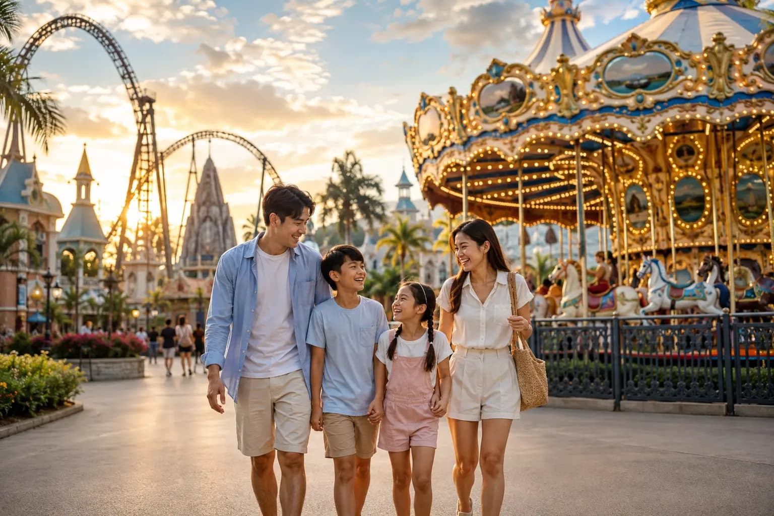 A family walking through a theme park in Thailand with a carousel and roller coaster visible behind them.
