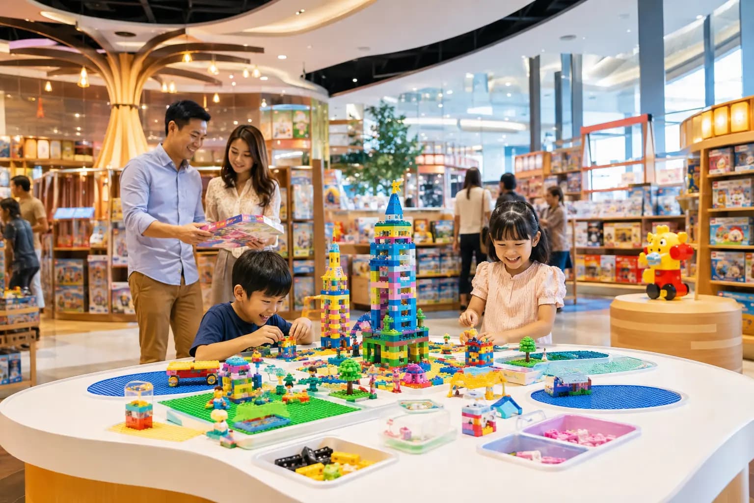 Children building models in a conceptual family toy and creative-play store.