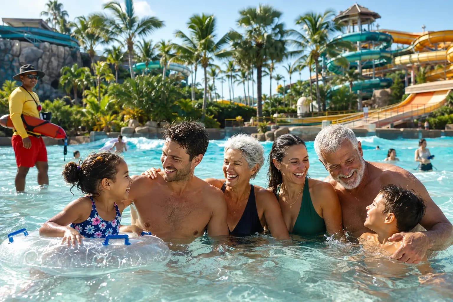 A multi-generational family enjoying a wave pool with water slides in the background at a Thailand water park.