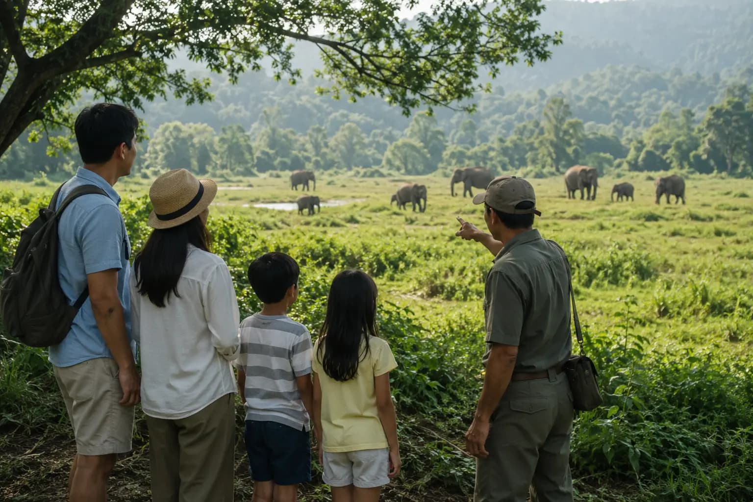 A family observing wild elephants from a safe distance with a guide during a wildlife-learning experience in Thailand.