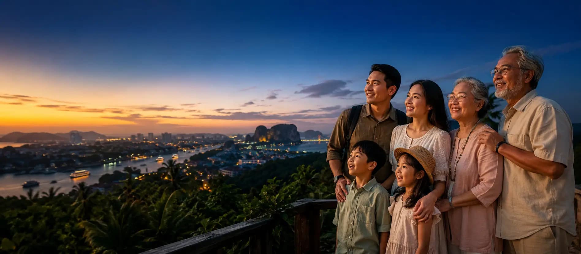Multi-generational family enjoying a scenic overlook of a Thailand bay at dusk.