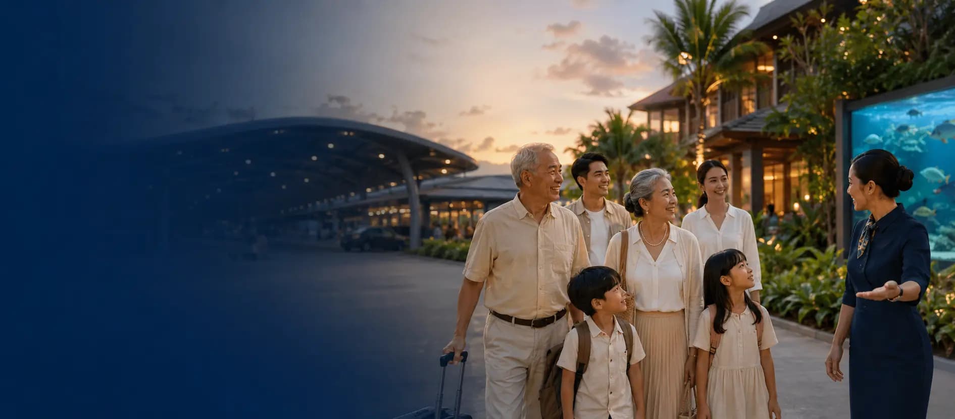 Multi-generational family arriving at a Thailand resort and aquarium complex at dusk.