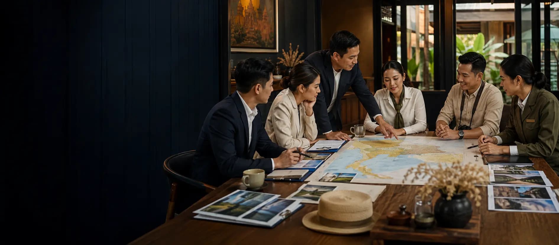 Tourism professionals reviewing a Thailand destination map during a business-networking meeting.