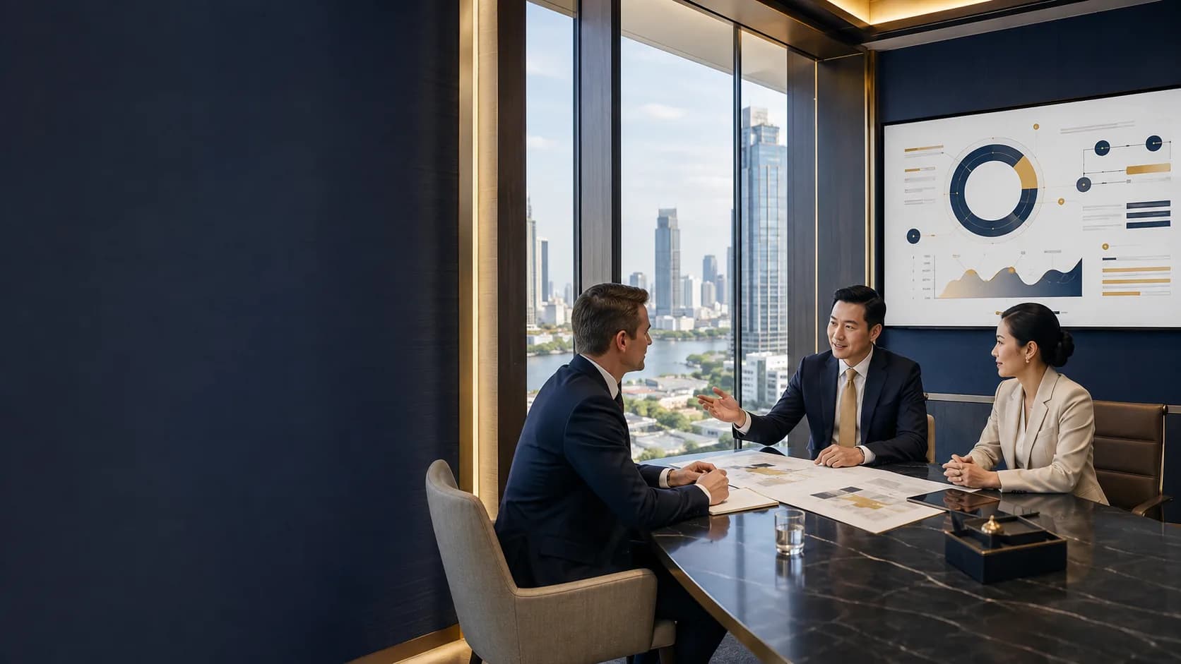 Thai and international business leaders in a meeting overlooking the Bangkok skyline, representing BOI, SMART Visa and LTR pathways
