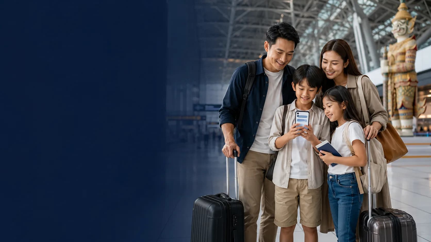 A family checking their phone for travel and arrival information at a Thailand airport terminal — conceptual editorial image