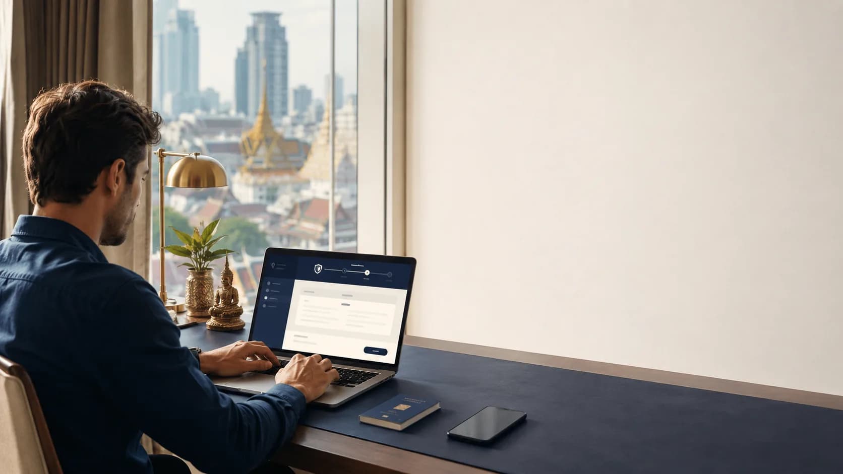 A traveller completing an online visa-style application on a laptop with a conceptual, non-government interface, overlooking Bangkok — conceptual editorial image