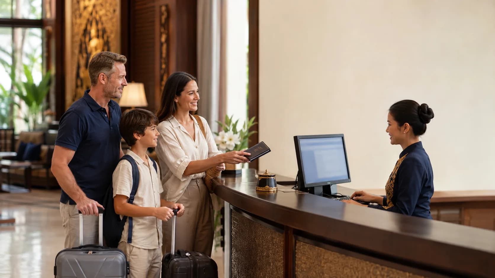 A hotel receptionist assisting a family with check-in and accommodation registration — conceptual editorial image