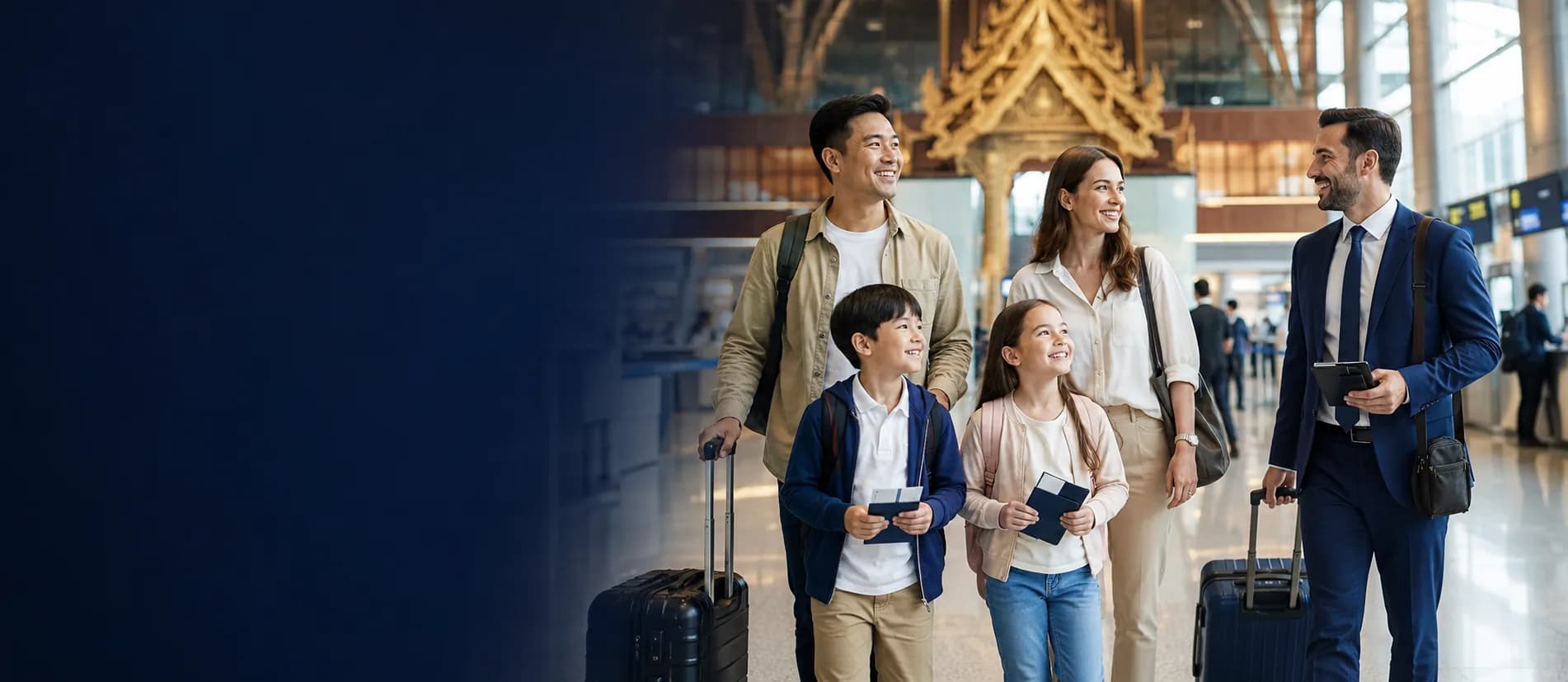 A family and a business traveller with passports and luggage inside a Bangkok international airport terminal